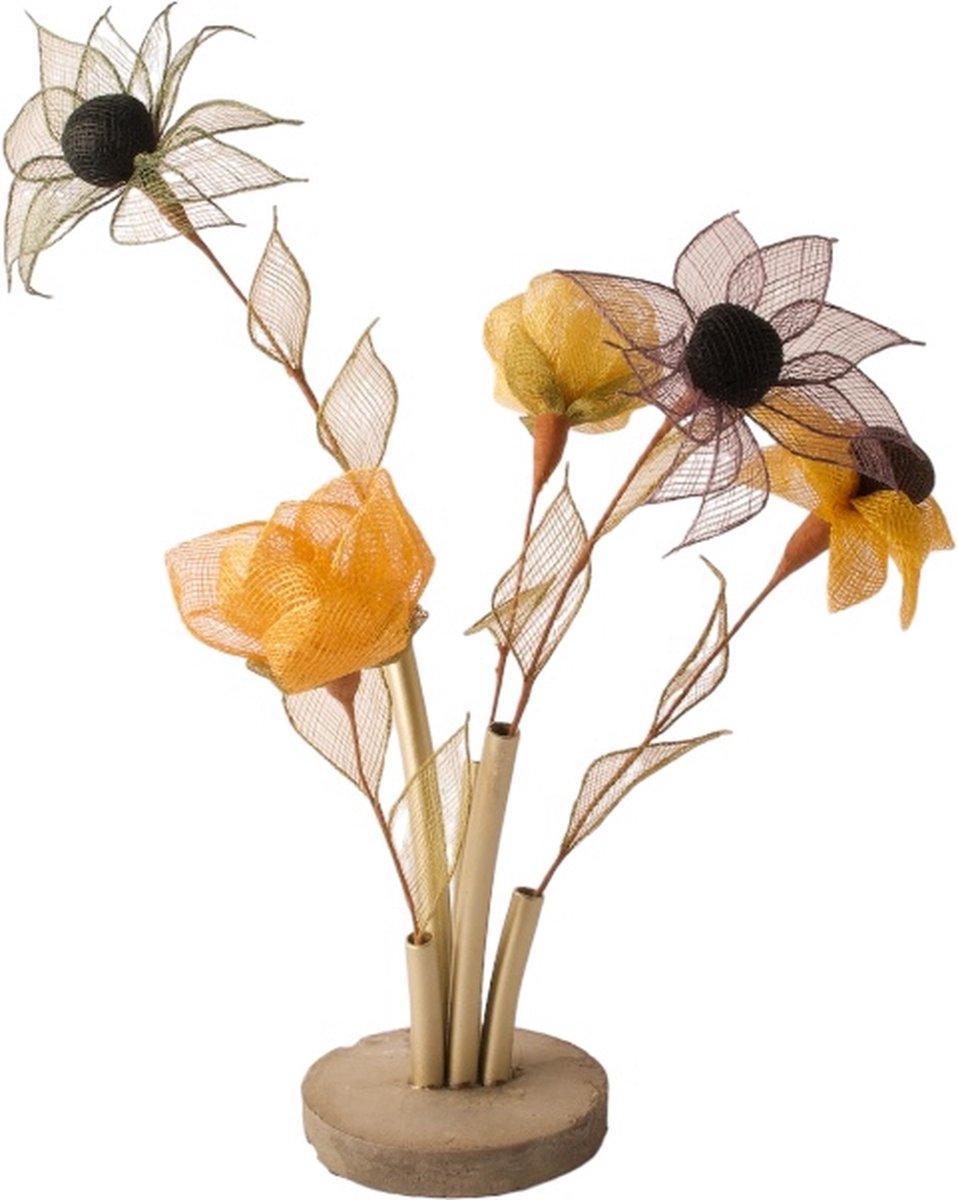 WinQ - Creatieve pijpvaas met Abaca Kunstbloemen - vaas goud met betonvoet - 5 takken bloemen