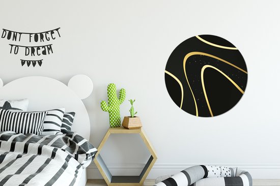 WallCircle - Stickers muraux - Cercle de papier peint - Vagues dorées sur fond noir - 50x50 cm - Cercle mural - Autocollant - Sticker papier peint rond