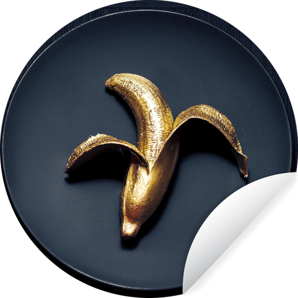 WallCircle - Muurstickers - Behangcirkel - Gouden banaan op een donkere achtergrond - ⌀ 30 cm - Muurcirkel - Zelfklevend - Ronde Behangsticker