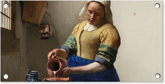 Tuinposter Het melkmeisje - Schilderij van Johannes Vermeer - 60x30 cm - Tuindoek - Buitenposter