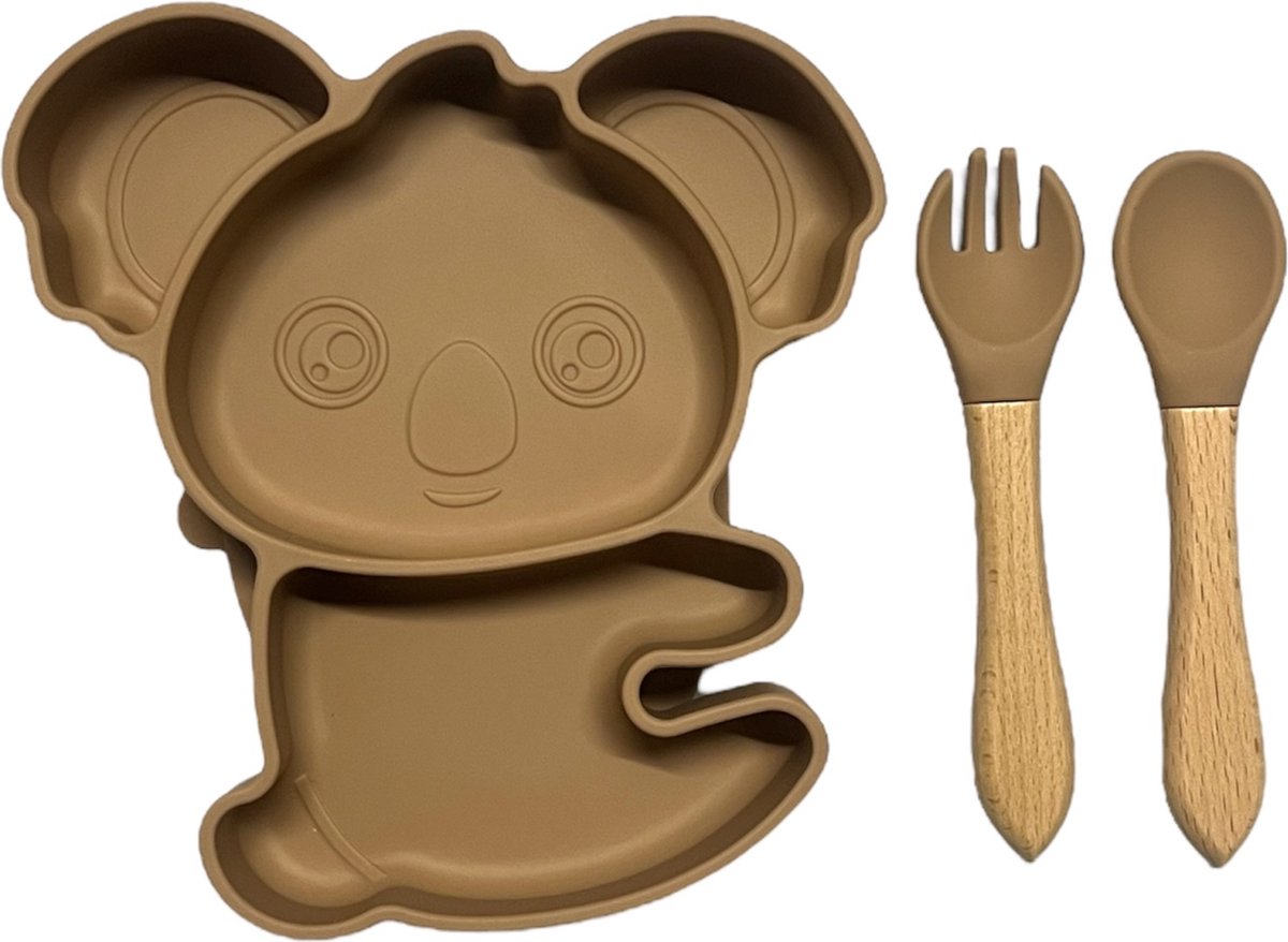 Goedkoopste KimDo - Koala Siliconen babyservies set met zuignap - Bruin - Kinderservies set - Babybordje - Kinderbordje - Baby servies - Babybestek - Kinderbestek – Babybestek - Oven, vriezer en vaatwasserbestendig - BPA en PVC vrij bord