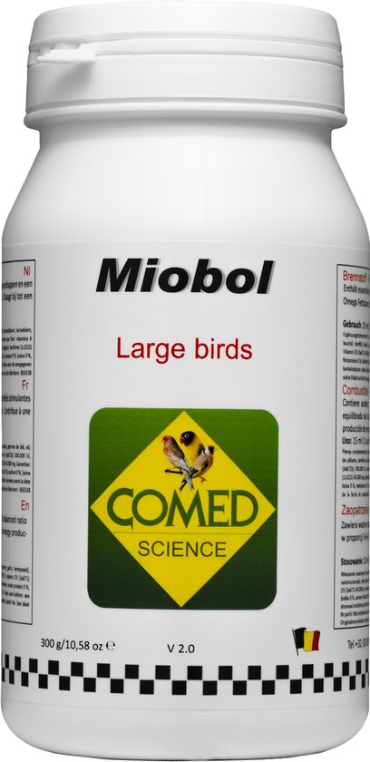 Witte pot met groene opdruk voor "Miobol Large birds", met een afbeelding van twee vogels op een gele ruit met "COMED SCIENCE".