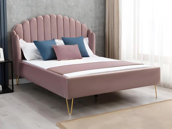 Bed met glooiend hoofdeinde - 160 x 200 cm - Fluweel - Oud roze - SAGALI L 178 cm x H 126 cm x D 213 cm