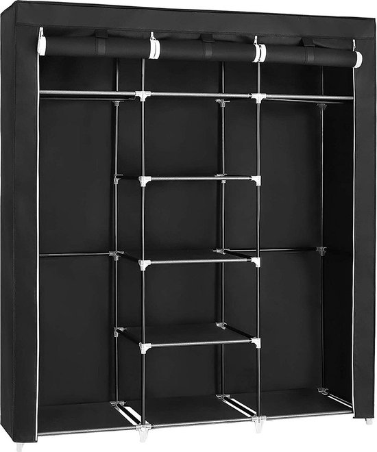 Nancy | Armoire en toile XXL / Meuble de rangement pour vêtements | Penderie Pliable | Avec 2 tringles à vêtements enroulables et 9 étagères de rangement | Armoire et étagère suspendues en tissu | Armoire | Faible. 175x150x45cm | Couleur noir