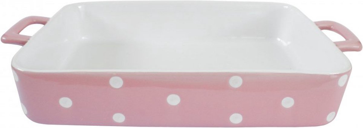 Isabelle Rose roze met witte grote ovenschaal van keramiek met handvaten - 23,5 x 38,5 x 6,5 cm