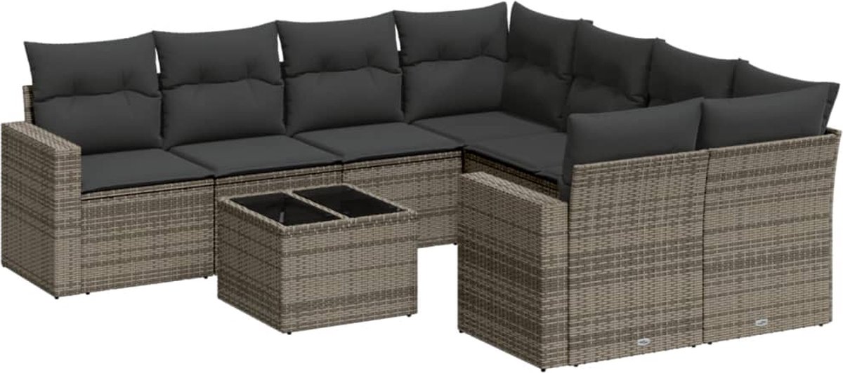vidaXL 9-delige - Loungeset - met - kussens - poly - rattan - grijs