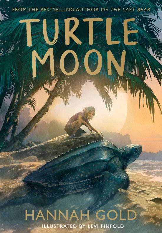 Livre 'Turtle Moon' de Hannah Gold. Une fille sur un rocher regarde une tortue marine sur une plage au coucher du soleil.
