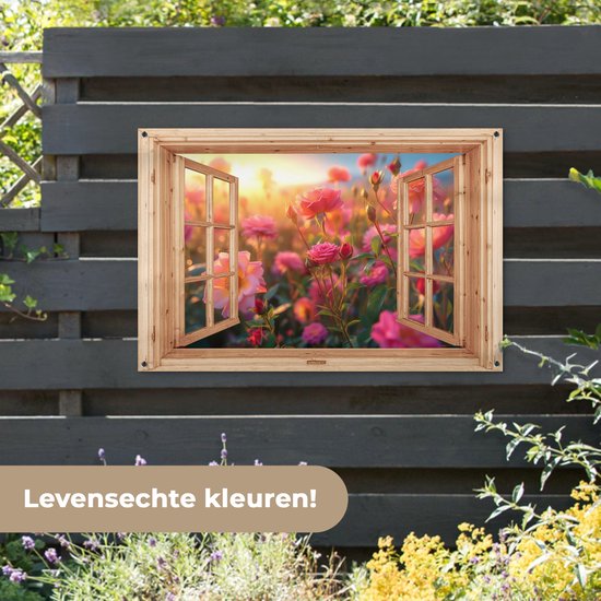 Tuinposter doorkijk bloemen - Lichtbruin raam - Tuindecoratie roze rozen - 120x80 cm - Poster voor in de tuin - Buiten decoratie - Schutting tuinschilderij - Tuindoek muurdecoratie - Wanddecoratie balkondoek