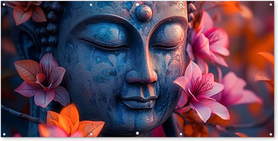 Affiche de clôture Bouddha - Portrait - Fleurs - Bouddha - Statue - 200x100 cm - Toile de jardin