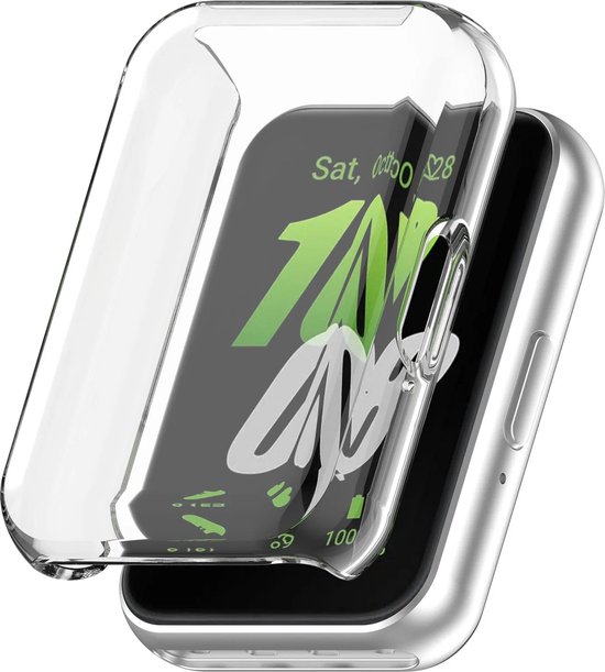 Transparante TPU hoes om een smartwatch met een scherm dat 'Sat, Oct 28' toont met 10:08.