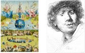Set van 2 theedoeken - kunst collectie - Rembrandt, curious face - Jheronimus Bosch , Garden of Earthly Delights - 100 % katoen 50 x 70 - by supervintage