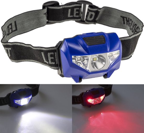 Shopp. LED zeer comfortabele hoofdlamp op batterijen | Rood en wit licht | 150 Lumen | 6000 K | Blauw | Continu of knipperend | Lamp voor op je hoofd | Wandel verlichting | Verstelbaar | Koplamp | Voor joggen, klussen, kamperen