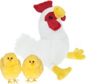 Pluche kip knuffel - 20 cm - multi kleuren - met 2x gele kuikens van 7 cm - kippen familie - Pasen decoratie/versiering