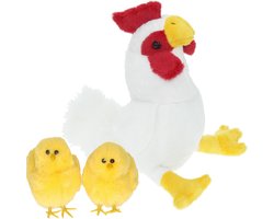 Pluche kip knuffel - 20 cm - multi kleuren - met 2x gele kuikens van 7 cm - kippen familie - Pasen decoratie/versiering