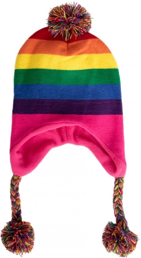 Gebreide Ijsmuts Regenboog met pompon en tassels