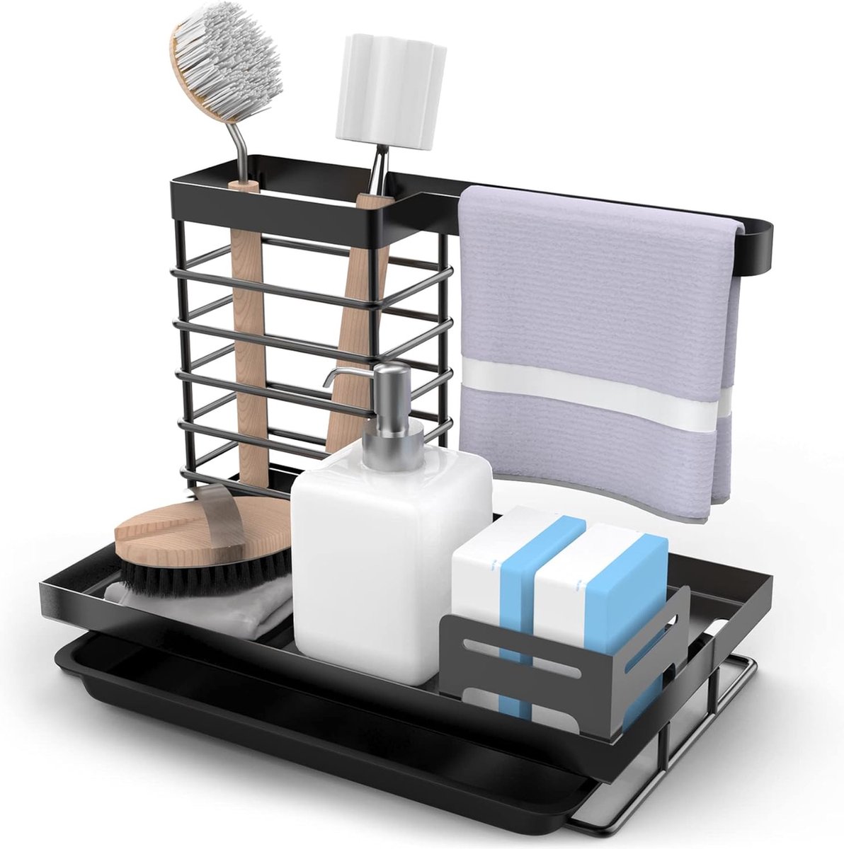 Spoelbakorganizer, spoelbakorganizer, metalen keukenorganizer, sponshouder, spoelbakorganizer met lekbak voor keuken, gootsteen, badkamer, zwart