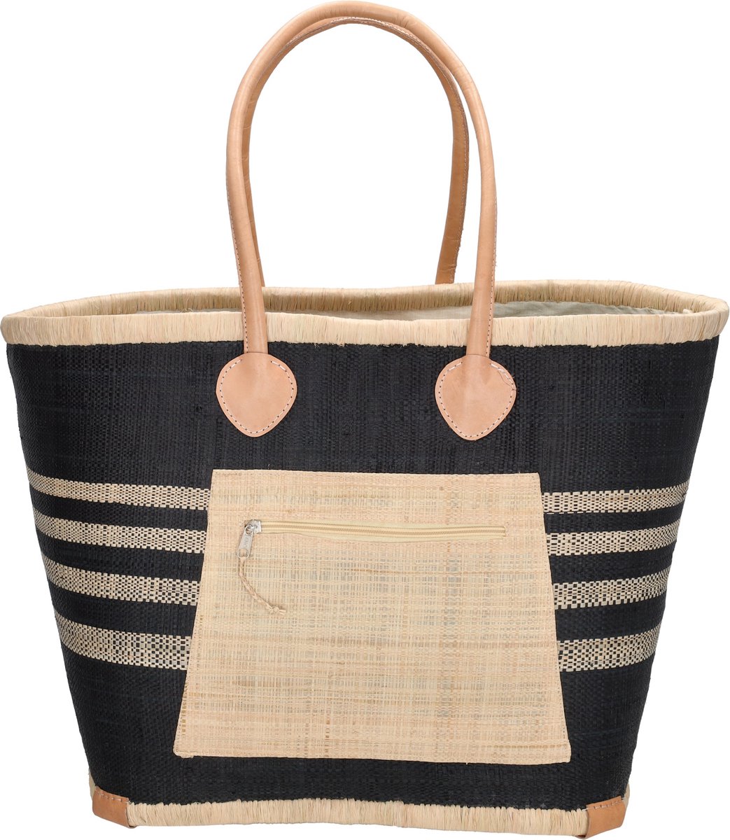 PE-Florence Raffia Rieten Mand - Strandtas - Riet - Zomerse Print - Zwart Wit.