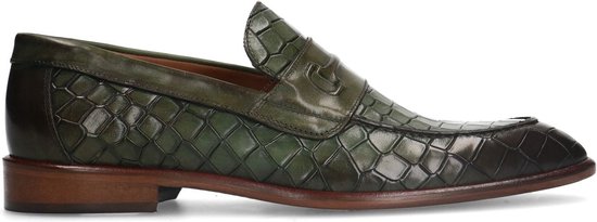 Manfield - Heren - Groene leren loafers met crocoprint - Maat 40