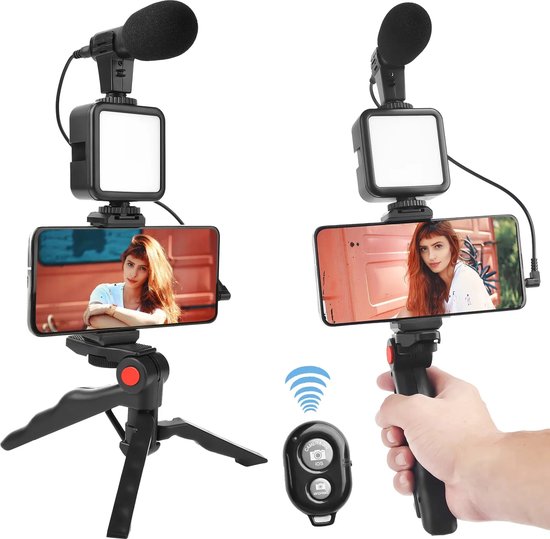 Foto: Ayasouk vlog set met microfoon smartphone vlog bouwpakket video opnameapparaat ay 49 vlogen met grip shot gun microfoon led licht en draadloze 