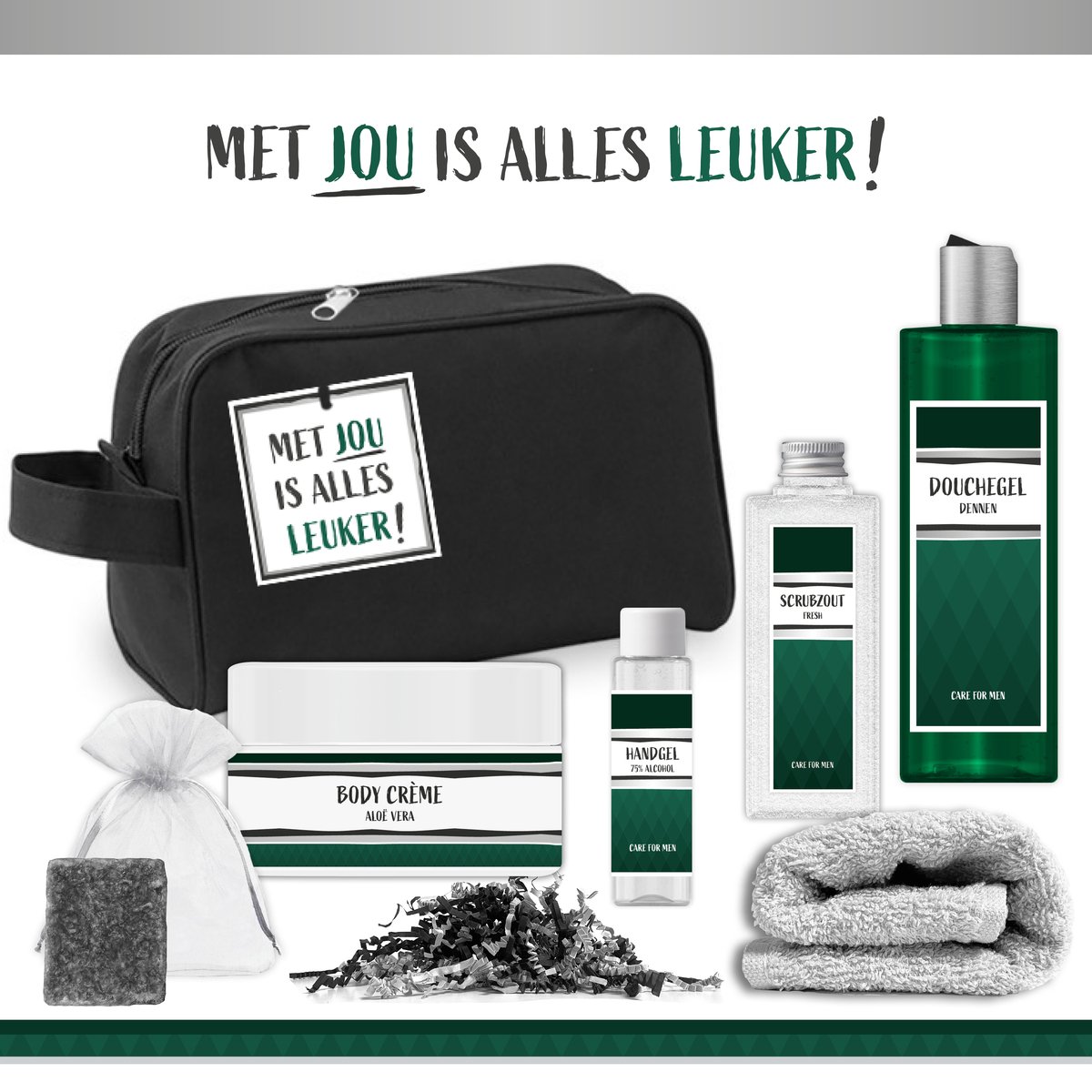 Goedkoopste Geschenkset Met jou is alles leuker! - 7 Producten - 750 Gram | Toilettas zwart -Giftset voor hem - Luxe Cadeau man - Vaderdag - Cadeautje - Verjaardag - Wellness Pakket - Douchegel Dennen - Cadeaupakket - Vader - Broer - Vriend - Collega - Groen