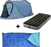 HIXA Pop-Up Tent - 1 Persoons - Blauw - Met Tentharingen - en Slaapzak - en Luchtbed - 220x120x95cm - Kamperen