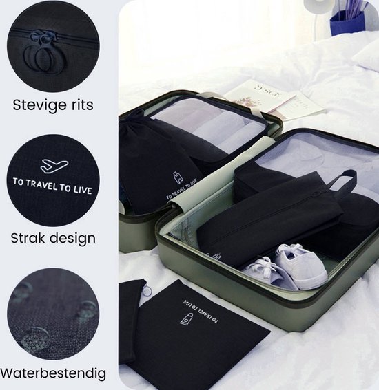 Een open koffer met zwarte packing cubes, met tekst en afbeeldingen, met de tekst 'Stevige rits', 'Strak design', 'Waterbestendig'.