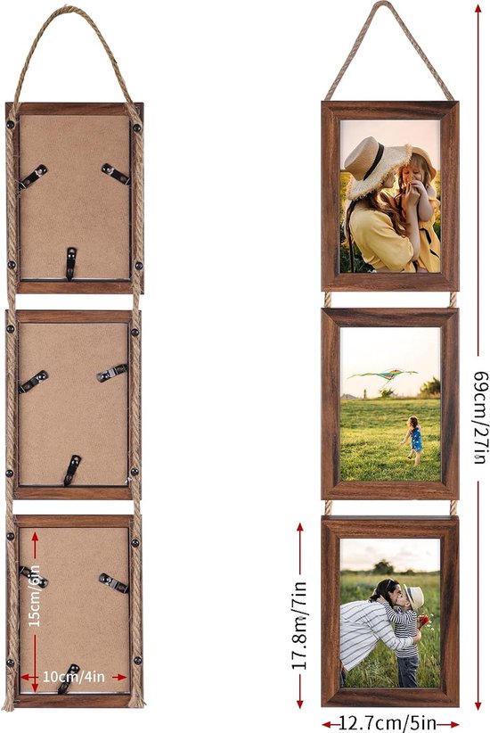 10 x 15 collage, drievoudig hangende fotolijstset, rustieke 6 open verticale lijsten, gemaakt om 10 x 15 cm foto-ansichtkaart voor wanddecoratie weer te geven, bruin