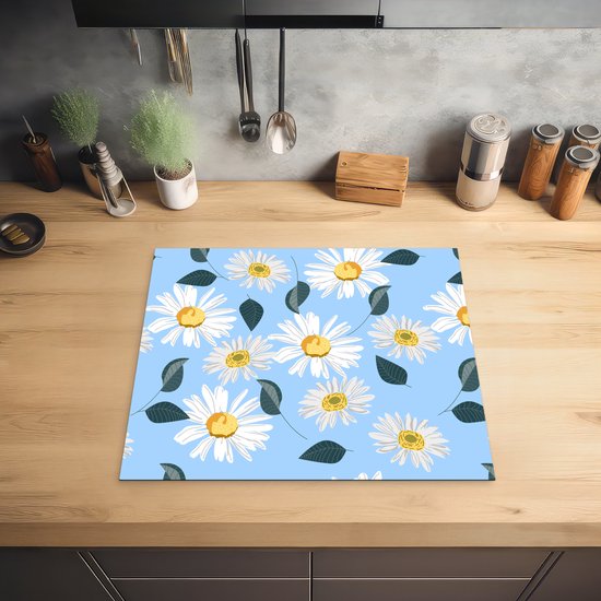 KitchenYeah® Inductie beschermer 59x52 cm - Madeliefjes - Blauw - Patroon - Kookplaataccessoires - Afdekplaat voor kookplaat - Inductiebeschermer - Inductiemat - Inductieplaat mat
