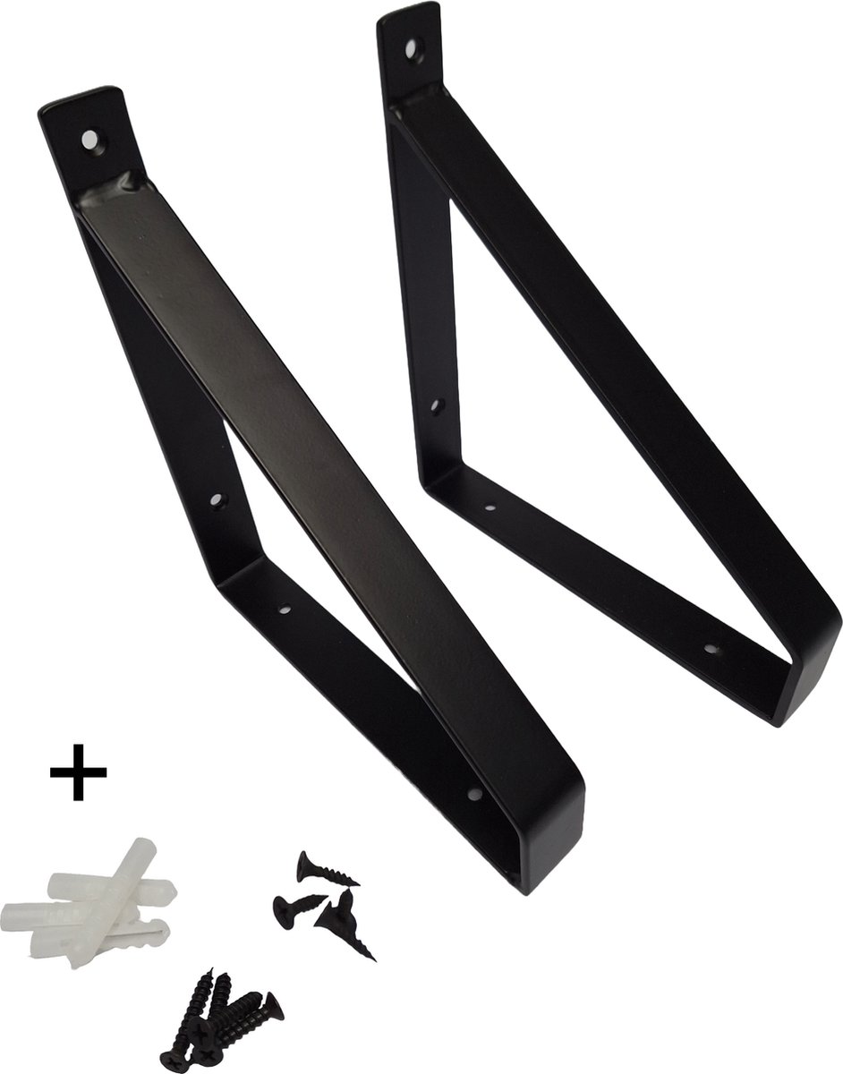 Hoexs - Plankdragers Industrieel - Mat Zwart - Plankdrager Voor Plank 20cm - Inclusief pluggen en schroeven - Metaal - Industriële Wandplank