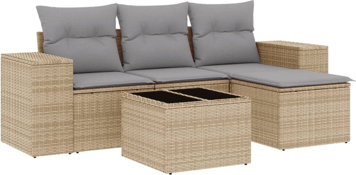 vidaXL 5-delige - Loungeset - met - kussens - poly - rattan - beige