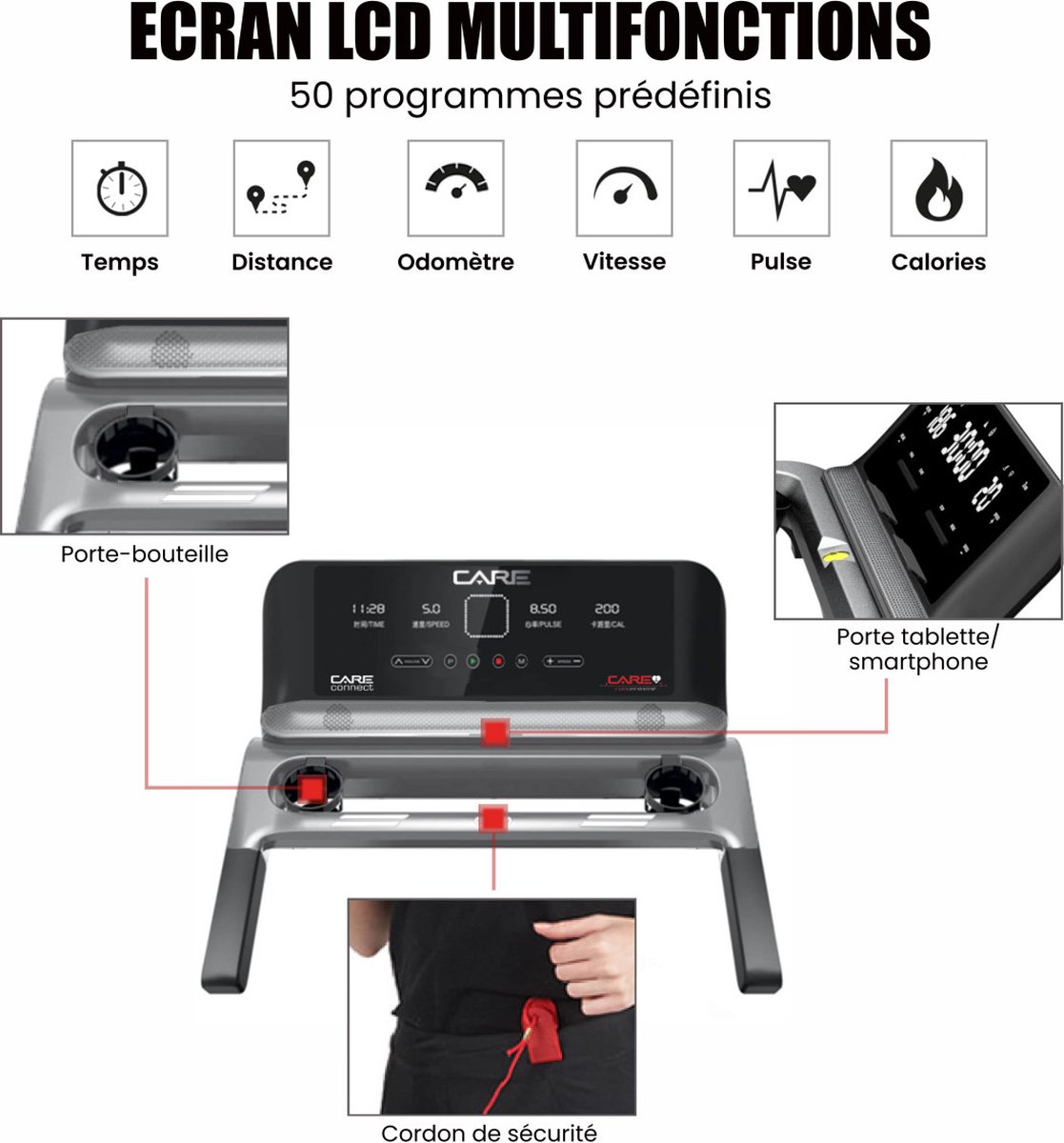 CARE RUNNER - Connected loopband - Maximale snelheid 20 km/u - 50 programma’s - Opvouwbaar - Gemotoriseerde helling tot 10% - Intensief thuisgebruik thumbnail 3