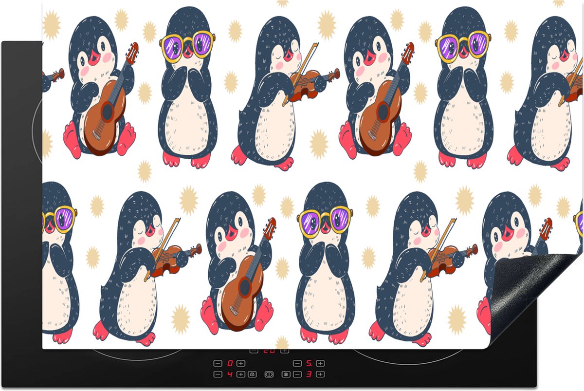 KitchenYeah® Inductie beschermer 80.2x52.2 cm - Pinguïn - Muziek - Gitaar - Kinderen - Patroon - Kookplaataccessoires - Afdekplaat voor kookplaat - Inductiebeschermer - Inductiemat - Inductieplaat mat