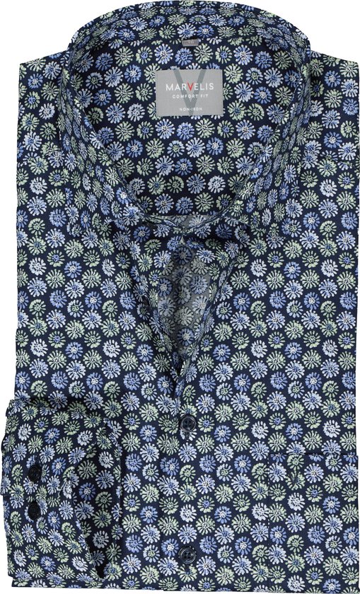 MARVELIS comfort fit overhemd - popeline - blauw met groen en wit dessin - Strijkvrij - Boordmaat: 48