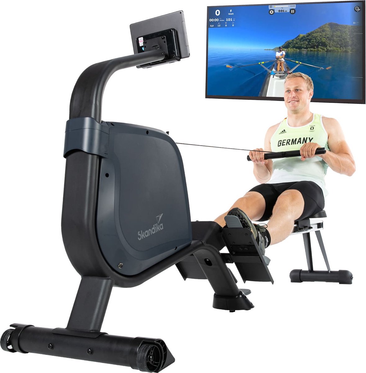 Skandika Njord Roeimachine – Roeimachine inklapbaar – Roeiapparaat – Roeimachine fitness met 16 stappen, opvouwbaar, studiokwaliteit, 8 kg vliegwielsysteem, max. 180 kg, lange loopband, Kinomap, Bluetooth - Home fitness apparatuur - grijs