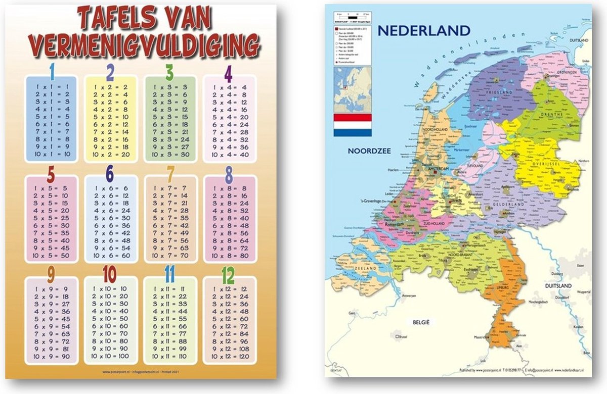 Posterpoint Nederland kaart poster en Tafel van vermenigvuldiging poster - Set van twee posters - 50 x 70 cm Multi colour