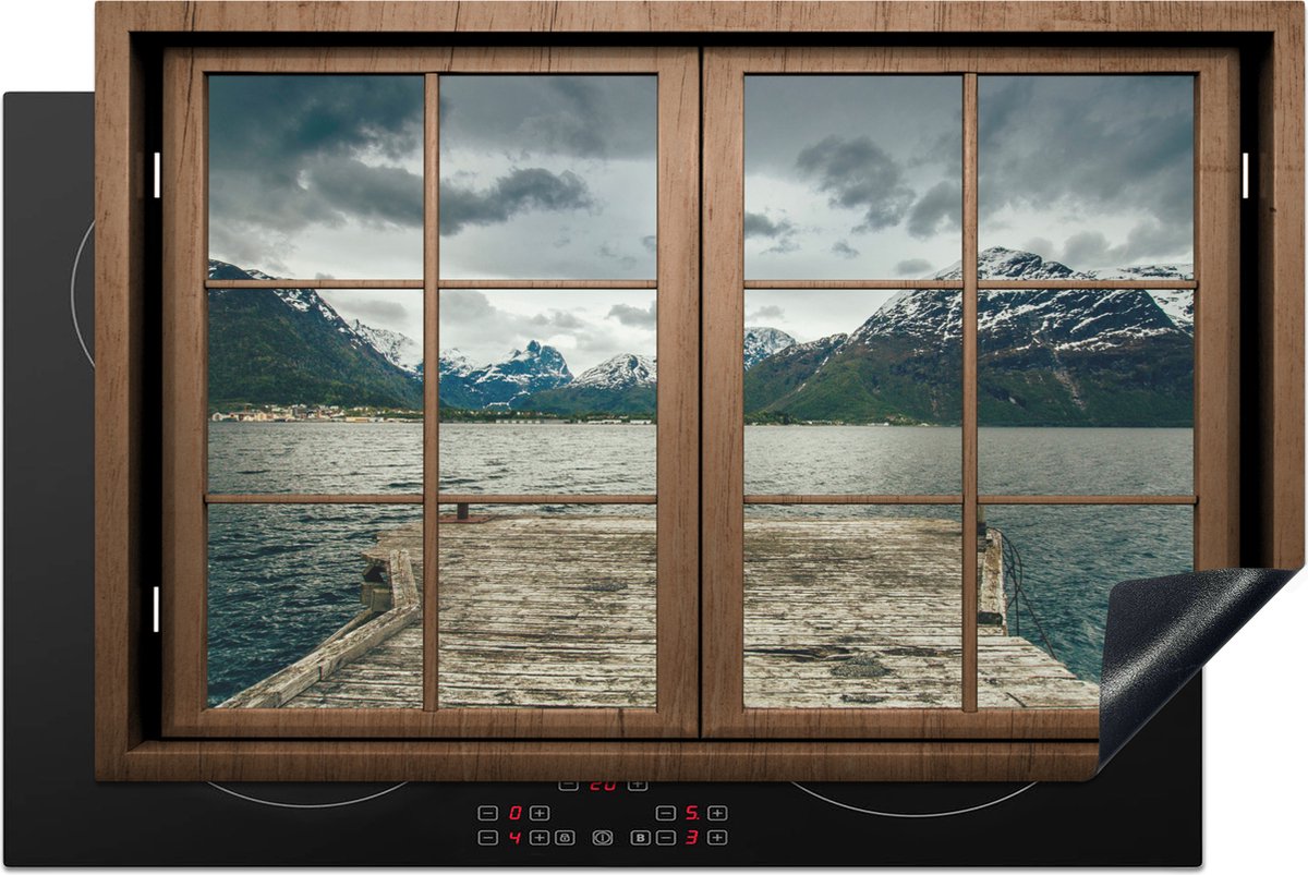 KitchenYeah® Inductie beschermer 80.2x52.2 cm - Doorkijk - Water - Bergen - Kookplaataccessoires - Afdekplaat voor kookplaat - Inductiebeschermer - Inductiemat - Inductieplaat mat
