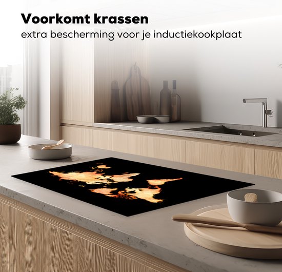 KitchenYeah® Inductie beschermer 80x52 cm - Wereldkaart - Waterverf - Zwart - Kookplaataccessoires - Afdekplaat voor kookplaat - Inductiebeschermer - Inductiemat - Inductieplaat mat