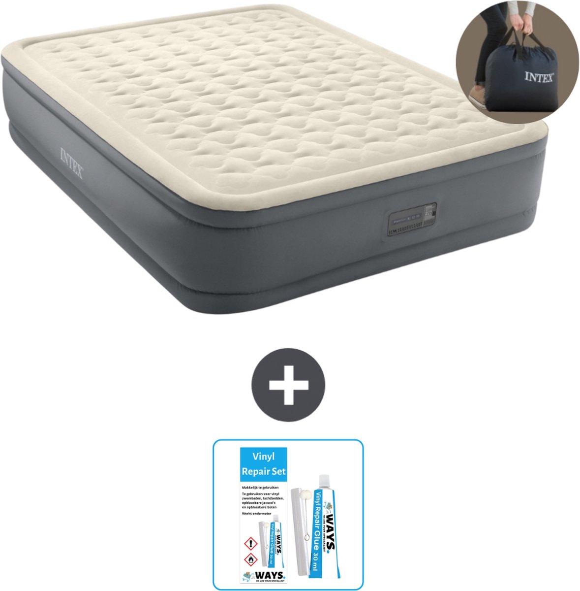 Intex Luchtbed - 2-Persoons - 152 x 203 x 46 cm - Grijs - Inclusief pomp - Reparatieset