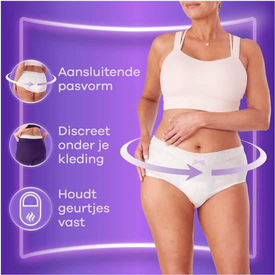 Vrouw met Always Discreet broekje. Toont aansluitende pasvorm, discreet onder kleding, houdt geurtjes vast.