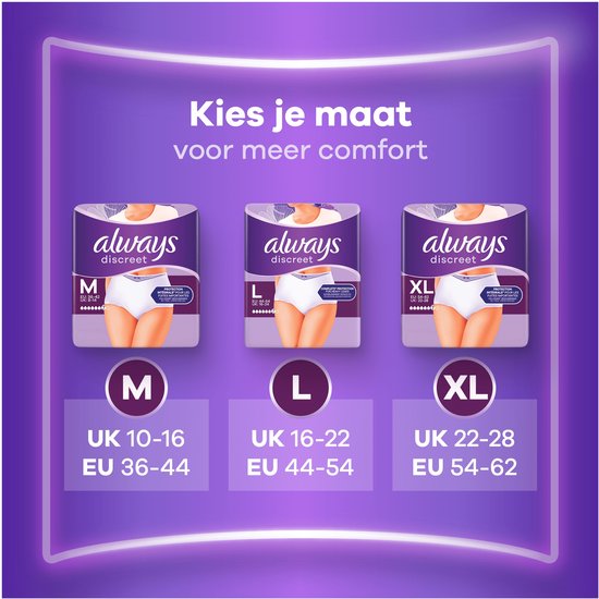 Always Discreet maten M, L, XL. Keuzehulp voor comfort bij urineverlies. Verpakkingen tonen dames in broekjes.