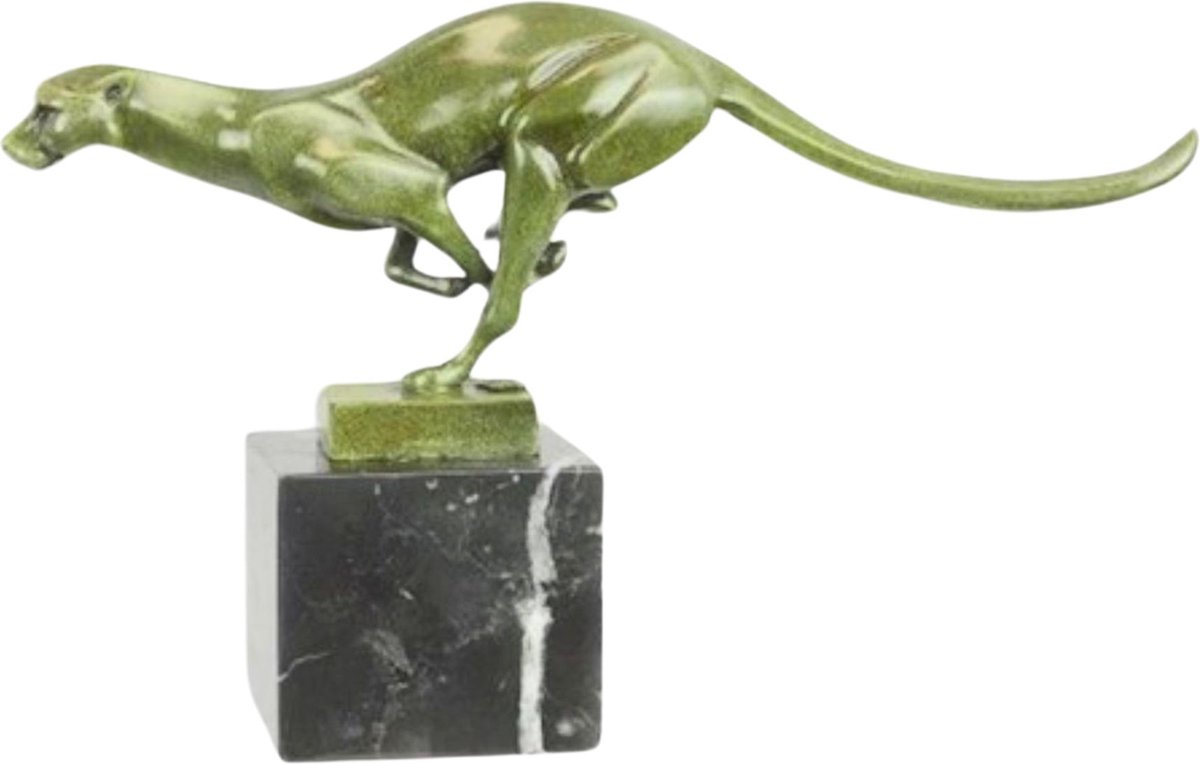 Cheeta - Art Deco Bronzen Beeldje - Rennende Cheetah Beeld - Brons Sculptuur op Marmer Sokkel - Kunst Decoratie - Groene Kleur - Interieur Cadeau - Woondecoratie Dieren Beeld - 31x8x19
