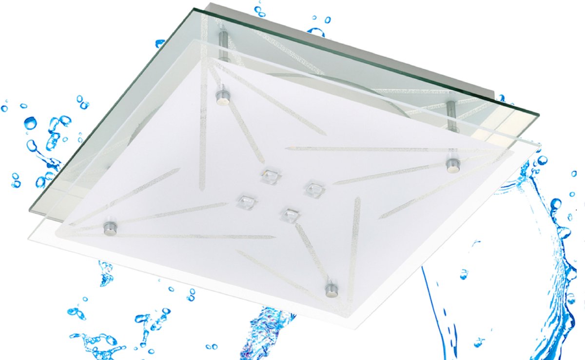 Trango Vochtbestendige IP44 LED-plafondspot 3104 voor badkamer 3-traps dimbaar in vierkant *STAR* incl. 12 Watt warmwitte LED-module - designmotieven ingedrukt: Glazen lampenkap, Plafondlamp, Wandlamp, Badkamerlamp