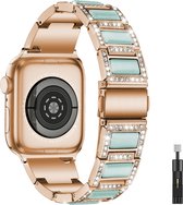 Strass Diamond Juwelen Band - Rose gold/groen - Geschikt voor Apple Watch 38mm - 40mm - 41mm - Elegante sieraden metalen verstelbare armband - Voor iWatch Series 9/8/7/6/SE/5/4/3/2/1 kleine modellen
