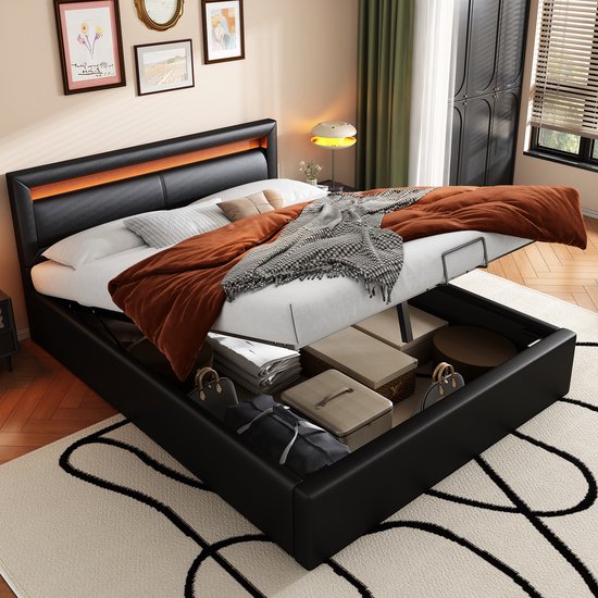 Sweiko Gestoffeerd bed, 140*200cm LED bed, met lattenbod en opbergruimte, met verlicht hoofdeinde in verschillende kleuren, Zwart, eco-leer en hout