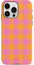 xoxo Wildhearts Brunch o'clock hoesje Single Layer - Hoesje met ruiten geschikt voor iPhone 14 Pro hoesje - Dames hoesje geschikt voor iPhone 14 Pro - Kleurrijk hoesje - shockproof case - Geruit hoesje - oranje / paars
