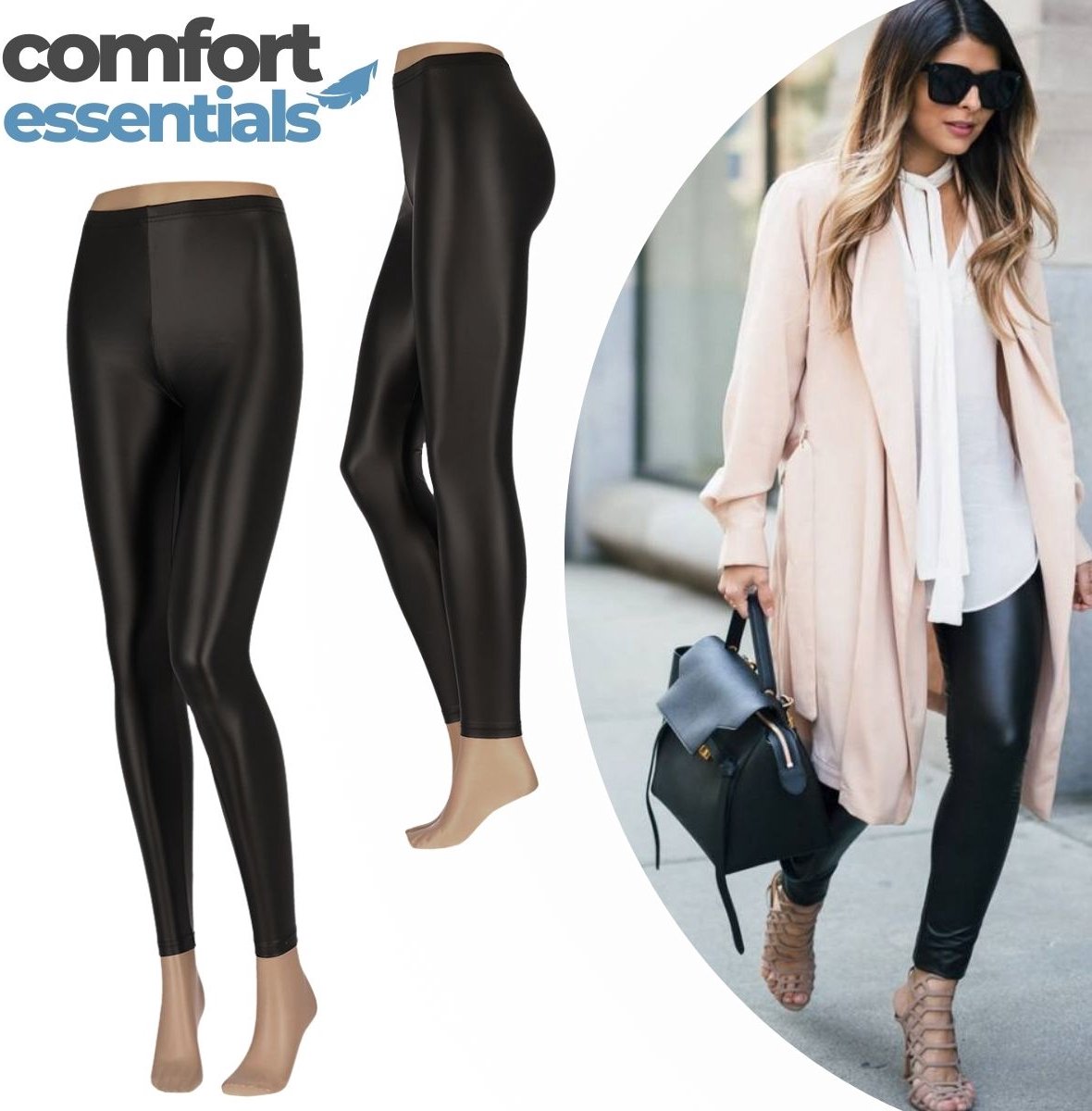 Legging Dames Leather Look – Latex Legging – Zwart - Maat L/XL - Leren Broek Dames – Leren Legging Dames – Lederlook Legging