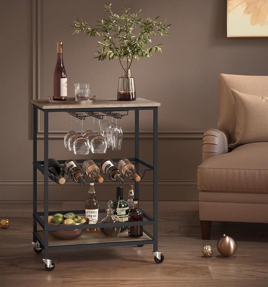 KOMFOTTEU Bar Globe Wine Rack with Wheels, 2-Step Bottle Holder, Wooden Bar Cart, Mini Bar for Drinks, Restaurant, Party, Brown, 70 x 45 x 88 cm