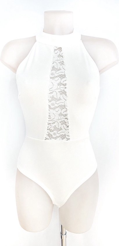 Bodysuit met kant - Wit - Lace bodysuit - Stretch - Met haakjes sluiting - Body met ronde hals - One-size - Een maat