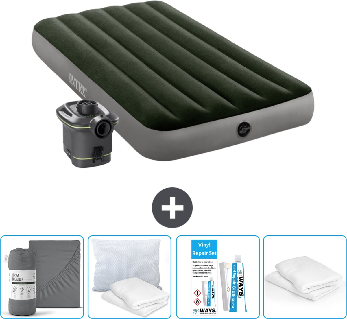 Intex Luchtbed - 1-Persoons - 99 x 191 x 25 cm - Groen - Inclusief pomp - Hoeslaken - Kussen - Reparatieset en Kussenbeschermer