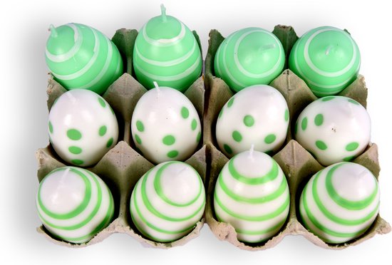 Magnifiques bougies de Pâques - Set de 12 Bougies en forme d'œuf - Vertes et Wit - Pour une décoration de Pâques enchanteresse - Cire de paraffine de haute qualité - Diamètre : 4,5 cm - Hauteur : 6 cm